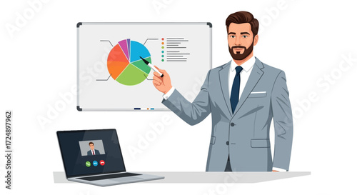 Businessman giving a presentation, pointing to a pie chart on a whiteboard, with a video conference call visible on a laptop.