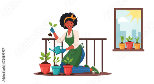 A woman tending to her balcony garden, watering plants with a watering can.