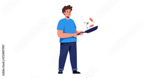 Cartoon man in blue shirt cooks food in a pan, tossing ingredients.