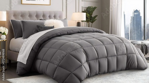 Reversible comforter with one side in dark grey and the other in light grey on a queen bed with minimalist decor creating versatility and a modern touch in the bedroom