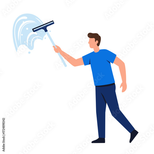 A man in blue shirt cleans a window with a squeegee, water splashing around.