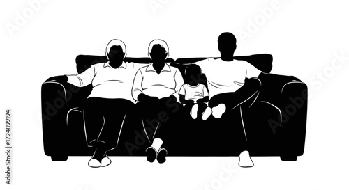 Multi Generational Family Relaxing Comfortably Together on a Couch Vector Silhouette