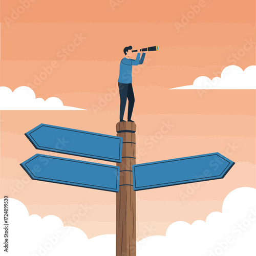 Man with spyglass on signpost looking into the distance