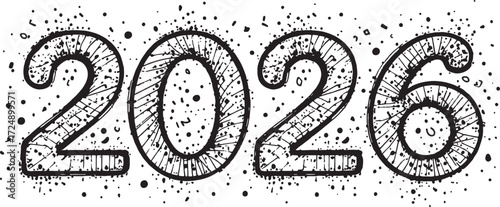 2026 Decorative Typography | Stylish Number Illustration with Dotted Black and White Design