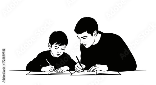 Focused Vector Silhouette of a Parent Helping a Child with Academic Homework Assistance