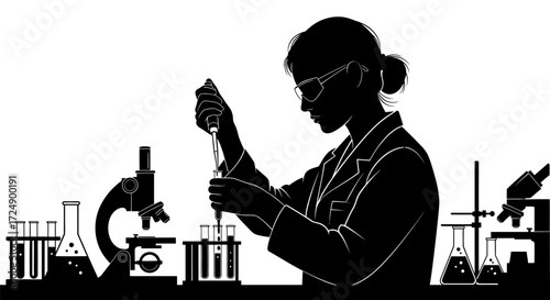 Focused Research Silhouette of a Woman Scientist Pipetting Liquid with Laboratory Tools