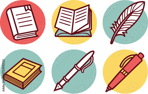 Collection of Icons Books, Feather Pen, and Ballpoint Pens on Colorful Circles vector Illustration