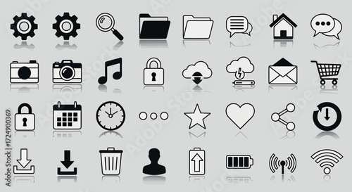 A collection of various black and white icons representing common digital and everyday objects, arranged in a grid.