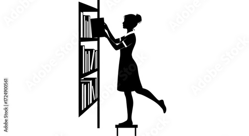 Scholarly Minimalist Silhouette of a Female Librarian Reaching For a High Shelf Book
