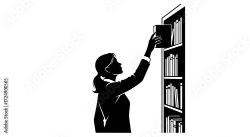 Intellectual Minimalist Silhouette of a Woman Librarian Accessing a High Book from Shelf