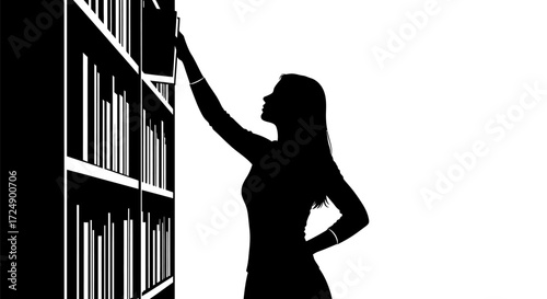 Academic Minimalist Silhouette of a Female Professional Reaching For Literature in Library