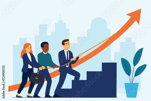 Business team pulling rope lifting large arrow 