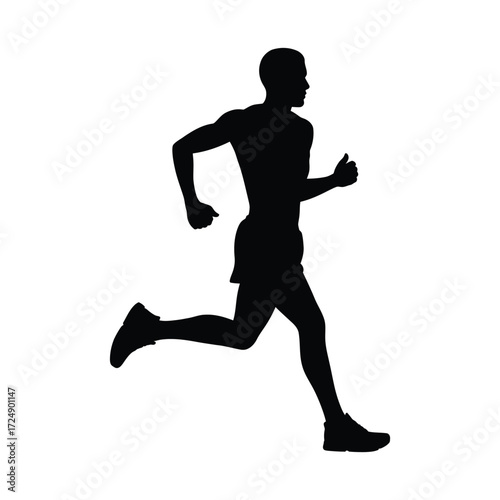 Silhouette of a male runner in motion against a white background