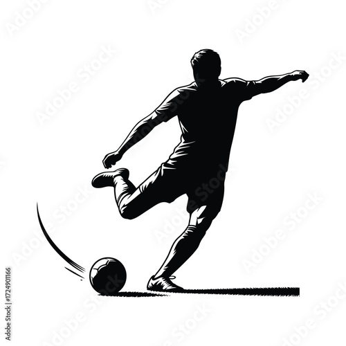 Dynamic silhouette of a soccer player kicking a ball