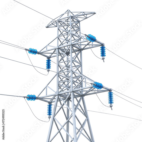 Closeup of a high voltage electricity pylon with blue insulators, isolated on transparent background