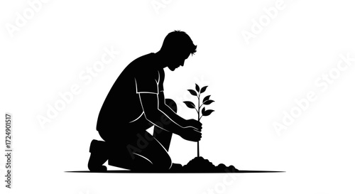 Eco Conscious Graphic Silhouette of a Male Environmental Conservationist Planting a Tree Sapling