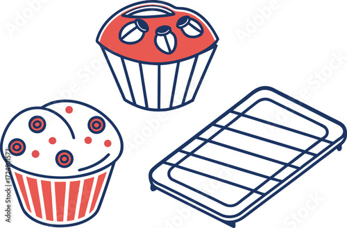 Stylized illustration of cupcakes and a cooling rack, baking theme vector Illustration