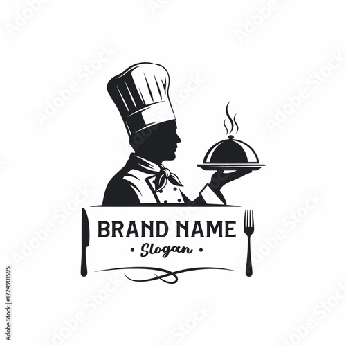 Monochrome logo of a chef silhouette holding a steaming cloche, with a banner for brand name and slogan.