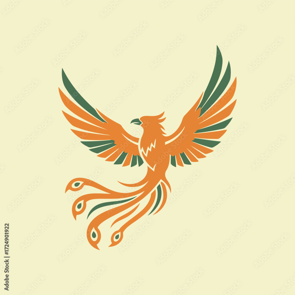 Obraz premium Stylized illustration of a phoenix bird with spread wings and flowing tail feathers