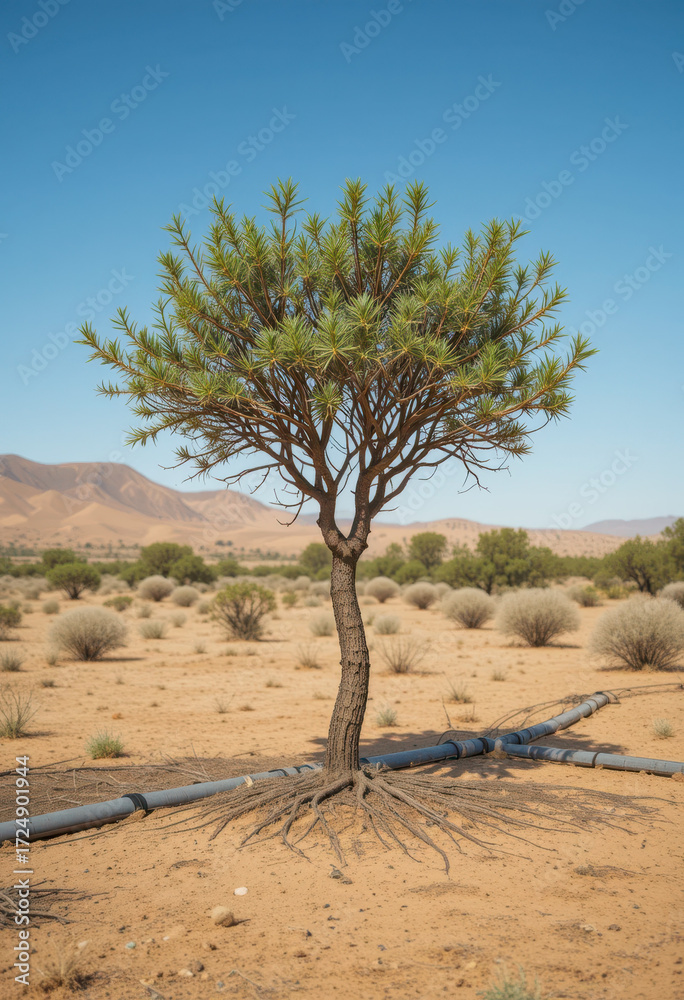 Fototapeta premium Survival of a lone tree in the desert arid landscape nature photography calm environment ground-level view resilience concept