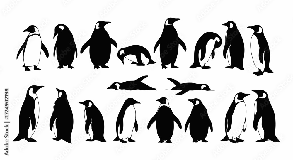 Fototapeta premium Collection of sixteen penguin silhouettes in various poses.