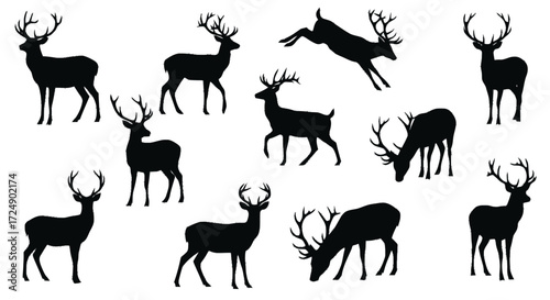 Silhouetted deer in various poses against a white background.