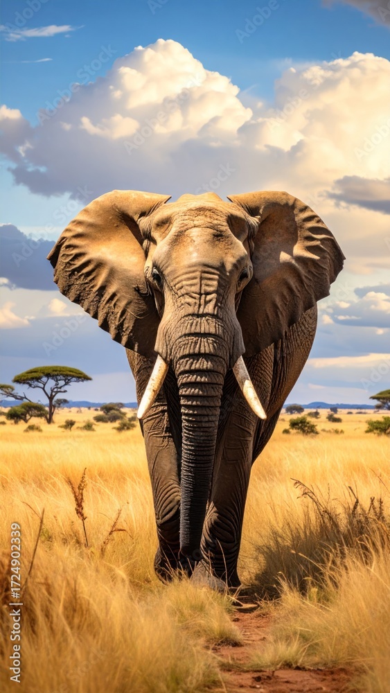 Fototapeta premium Majestic elephant strides through golden grassland, beneath a blue sky dotted with fluffy white clouds on a sunny day, serene and evocative