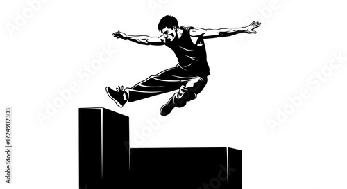Intense Vector Silhouette of a Man Parkour Runner Executing a Vault Maneuver in the City