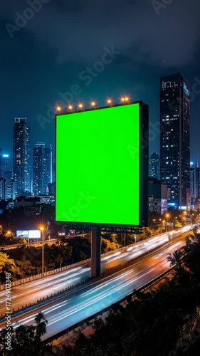 Large green screen billboard with city skyline and blurred traffic lights at nighttime for advertising or marketing concepts