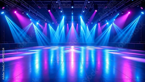 Illuminated event stage featuring blue and pink lighting with a reflective surface, providing a vibrant and dynamic scene.