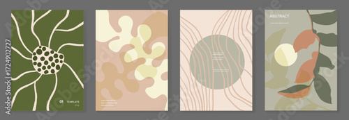 Abstract botanical poster vector set. Leaves, flower in earth tones colors. Illustration design for Eco packaging, interior, cover, wall art, wallpaper.