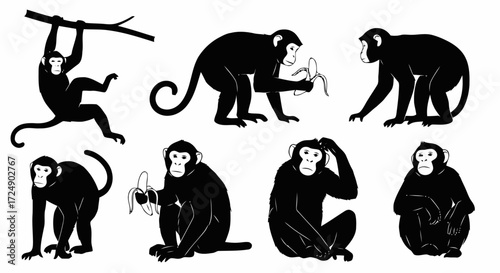 Eight stylized monkey silhouettes in various poses.