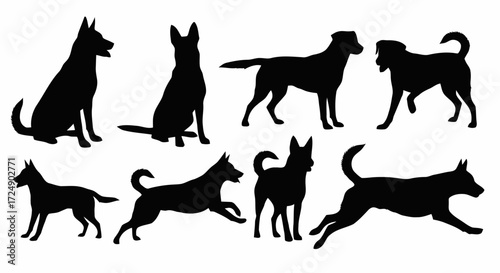 A collection of eight black dog silhouettes showing various poses, including sitting, standing, and running, on a white background.