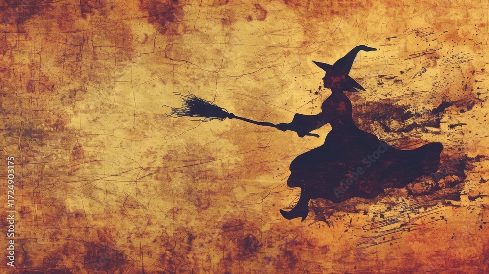 Fototapeta premium Vintage Texture Halloween Witch Broom Illustration Pictures