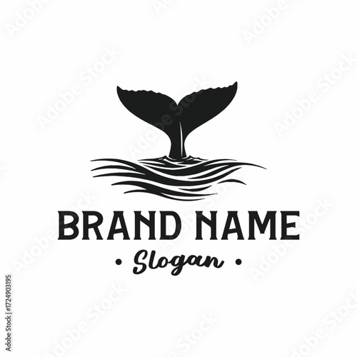 Black and white logo featuring a whale's tail emerging from the ocean waves, with brand name and slogan.