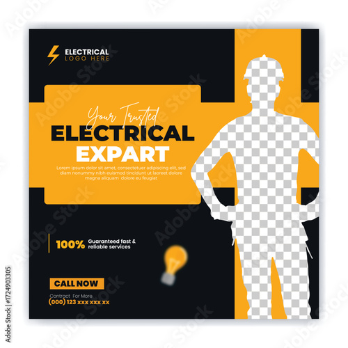 house repair and Electric service social media template with handyman construction renovation home repair instagram web square banner template