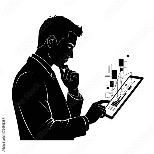 Executive Silhouette Reviewing Complex Data on a Digital Tablet Thoughtful Strategic Planning