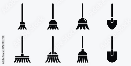 Collection of cleaning tools illustration with brooms and shovel icons