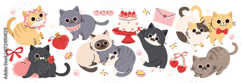 Cute cat doodle in happy valentine's festival vector set. Cartoon cat or kitten characters design collection in different poses and element. Set of love event pet animals isolated on white background.