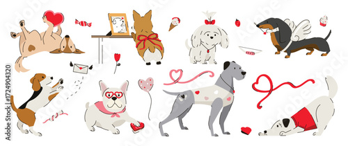 Cute dog doodle in happy valentine's festival vector set. Cartoon dog or puppy characters design collection in different poses and element. Set of love event pet animals isolated on white background.