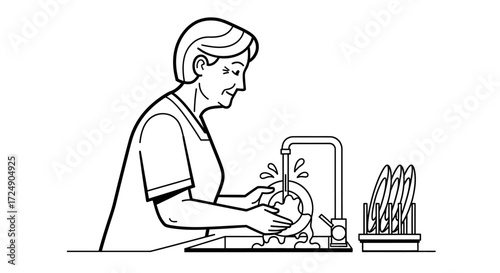 Line art of an older woman joyfully washing dishes at a kitchen sink, promoting cleanliness, simple living and a touch of domestic bliss in everyday life