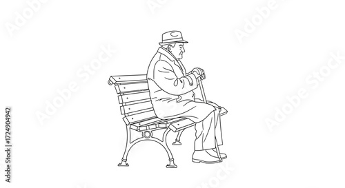 Elegant line art of elderly man resting on park bench with cane, evoking peaceful solitude and reflection, perfect for senior care marketing and heartfelt projects