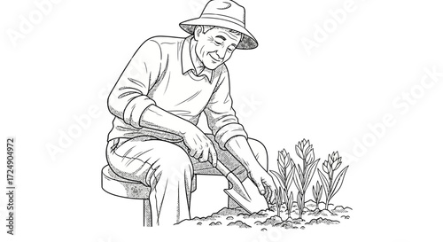 Smiling gardener plants spring bulbs, a heartwarming scene of growth and renewal, ideal for garden centers and nature enthusiasts wanting to cultivate beauty