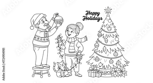 Festive grandparents decorate their Christmas tree with love and joy, their cat helping them, spreading holiday cheer and warmth during the happy season