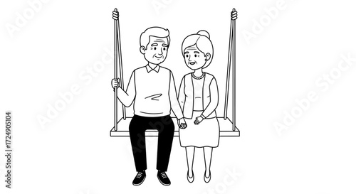 Lovely senior couple enjoying peaceful time together on a swing, holding hands and smiling with a sense of enduring love and companionship