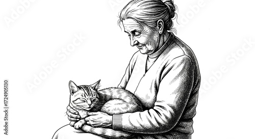 Gentle grandmother lovingly cradling her sleeping cat in her arms, a heartwarming moment of connection and companionship drawn with delicate detail