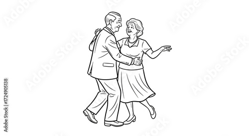 Delightful elderly couple dancing gracefully, radiating love and joy during a special occasion, perfect for heartwarming family memories and anniversary celebrations