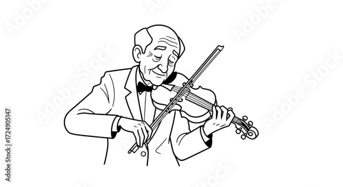 Elegant elder musician playing violin with passion, creating a timeless melody with a bow tie and suit in a performance illustration