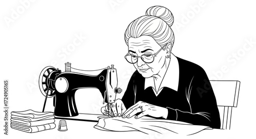 Elegant line art of a mature woman sewing with a vintage machine, capturing timeless craft and creative passion in a black and white design
