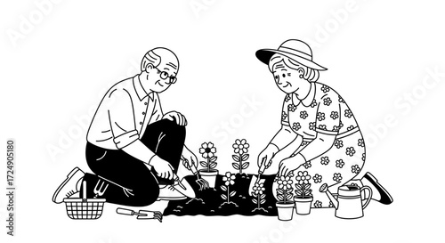 Lovely senior couple enjoys gardening together, nurturing flowers with love and creating a beautiful, flourishing space in this charming vector illustration